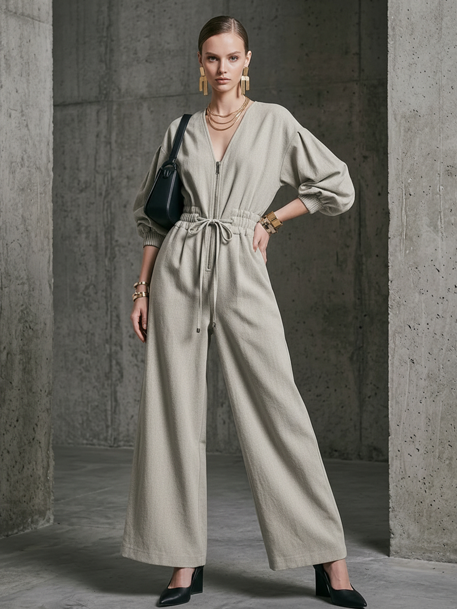 Women's Commuter Light Gray Linen-Cotton Zip-Up Waisted Wide-Leg Jumpsuit MDZ2174D2GMJ