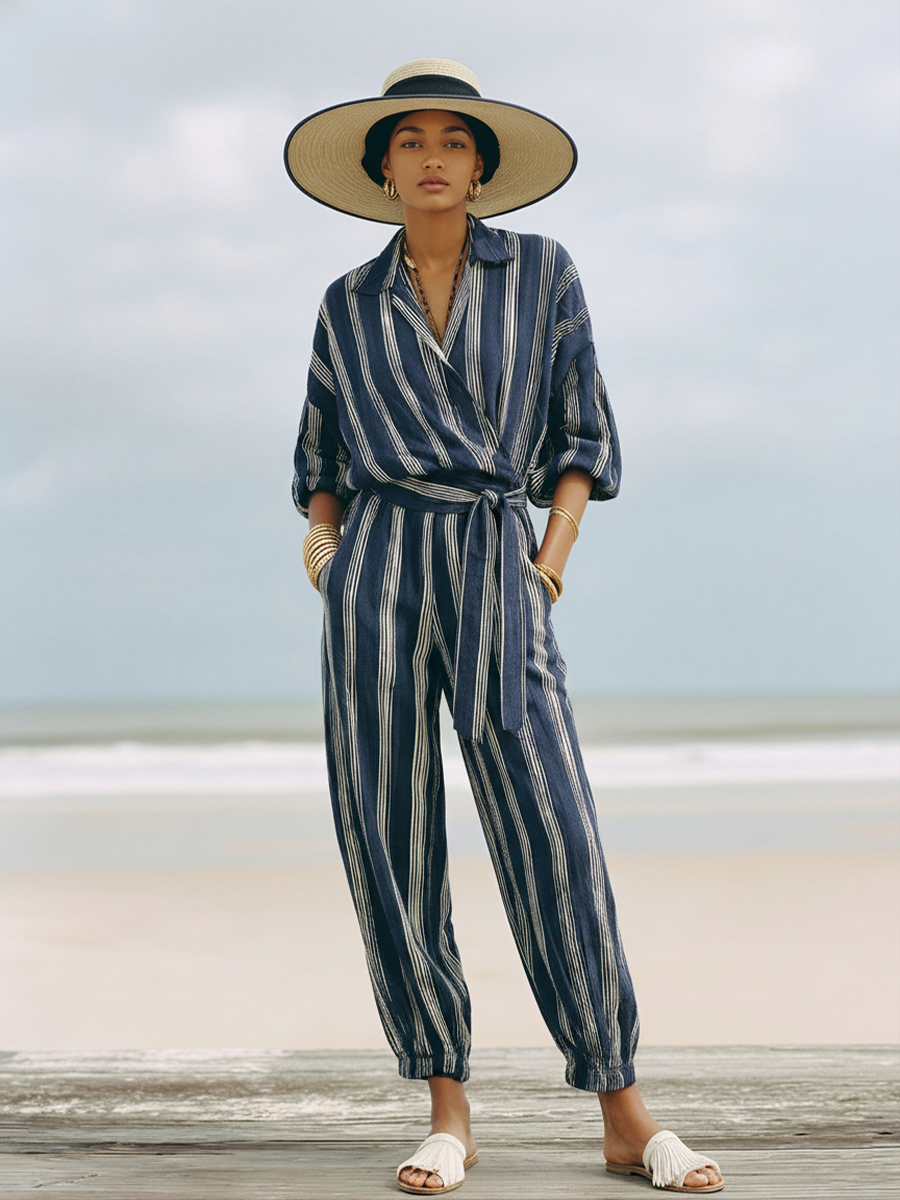 Women's Vacation Navy Blue Linen-Cotton Striped Collared Waisted Cuffed Jumpsuit MDZ2100D5GMJ