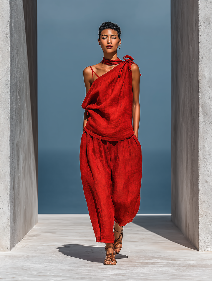 Women’s Red Linen-Blend Two-Piece Set: Asymmetrical One-Shoulder Top (Without Neck Scarf) & Wide-Leg Pants With Pockets MDZ2201D4T