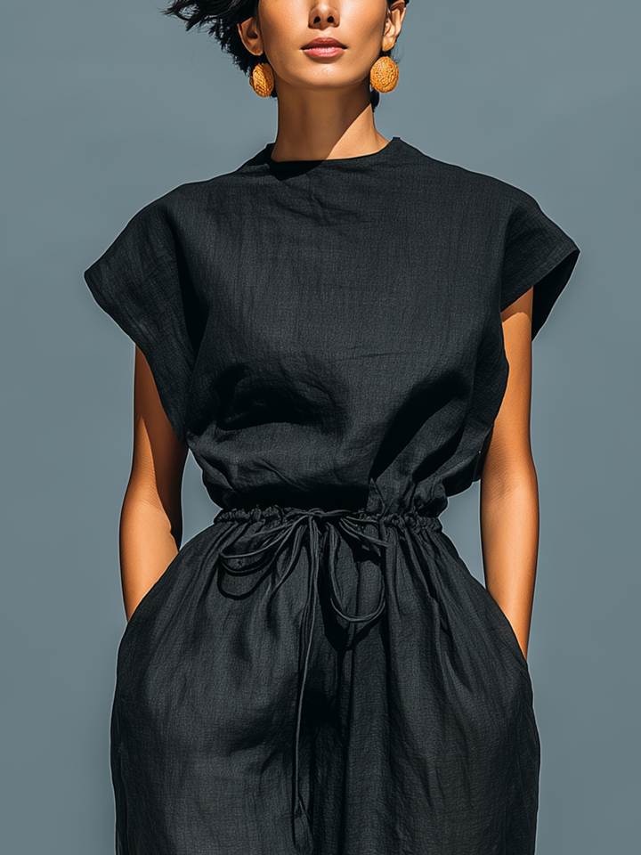 Women’s Black Linen-Blend Round Neck Cap Sleeve Drawstring Waist Backless Wide-Leg Jumpsuit MDZ2209D3T