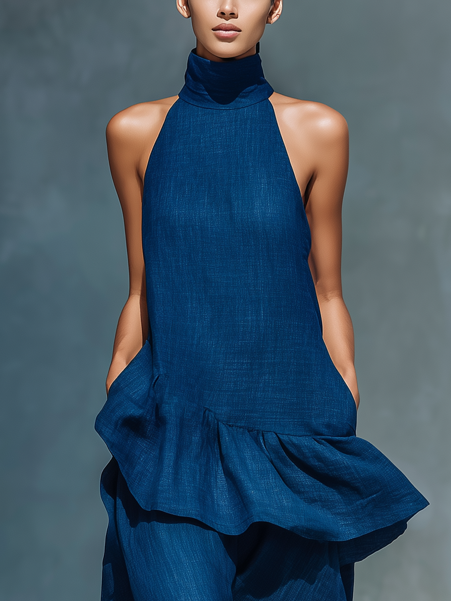 Women’s Indigo Blue Linen-Blend Sleeveless High Neck Tiered Ruffle Maxi Dress MDZ2217D7T