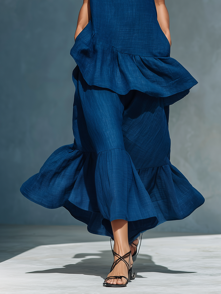 Women’s Indigo Blue Linen-Blend Sleeveless High Neck Tiered Ruffle Maxi Dress MDZ2217D7T