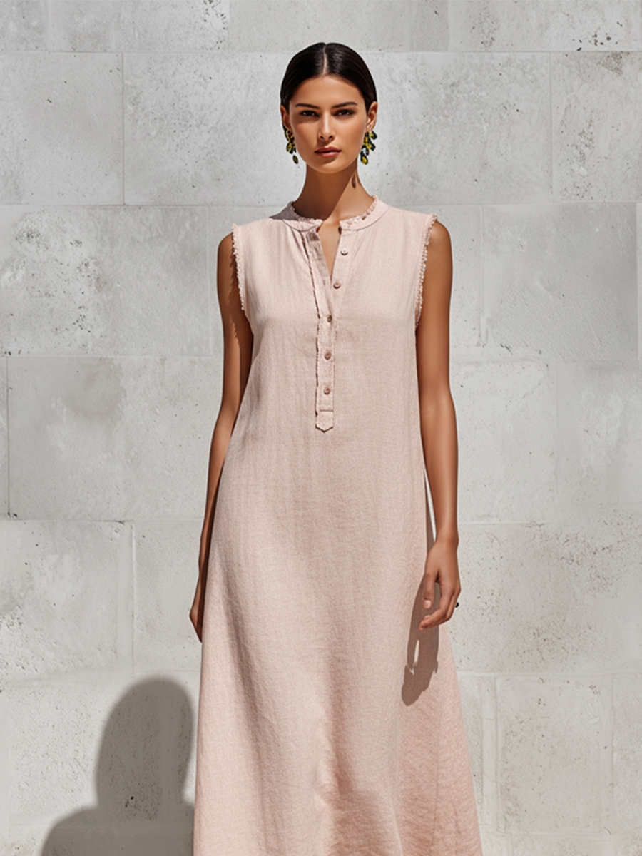 Women's Blush Pink Linen-Blend Maxi Dress With Frayed Trim & Henley Neck, Timeless Minimalist-Chic Style Dress MDZ2242D0LYL