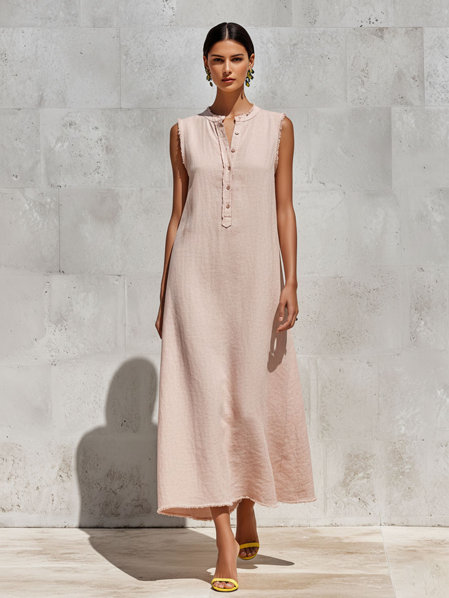 Women's Blush Pink Linen-Blend Maxi Dress With Frayed Trim & Henley Neck, Timeless Minimalist-Chic Style Dress MDZ2242D0LYL