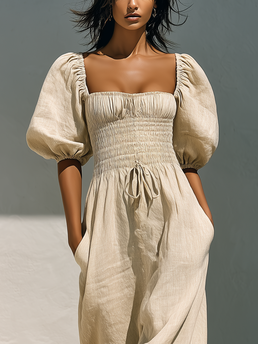 Women’s Beige Linen-Blend Square Neck Puff Sleeve Smocked Waist Maxi Dress With Pockets MDZ2235D5T