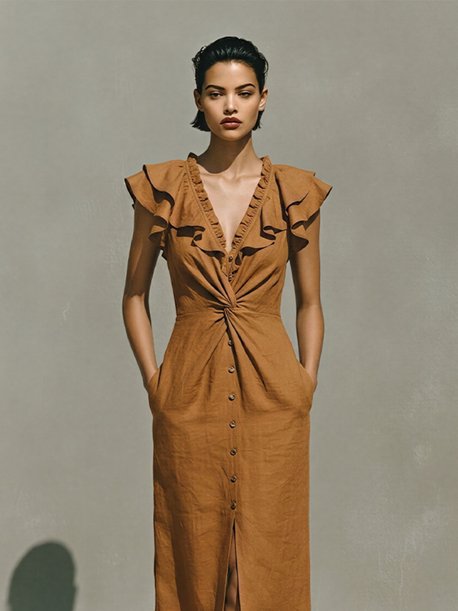 Women's Caramel Cotton-Blend Midi Dress With Ruffle V-Neck & Twist Waist, Timeless Romantic-Chic Style Dress MDZ2275D9LYL