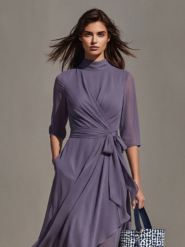 Women's Lavender Chiffon Dress With Sheer Three-Quarter Sleeves & Asymmetric Hem, Modern Effortless-Chic Day Dress MDZ2229D8LYL