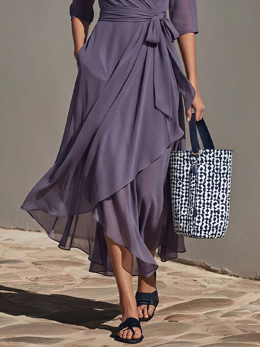 Women's Lavender Chiffon Dress With Sheer Three-Quarter Sleeves & Asymmetric Hem, Modern Effortless-Chic Day Dress MDZ2229D8LYL