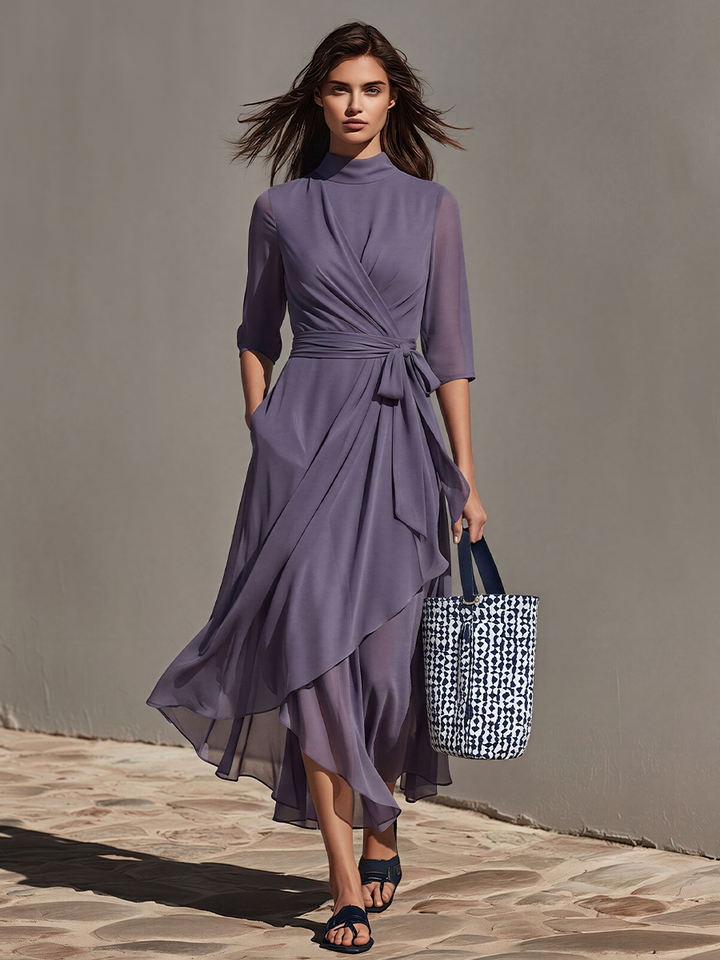 Women's Lavender Chiffon Dress With Sheer Three-Quarter Sleeves & Asymmetric Hem, Modern Effortless-Chic Day Dress MDZ2229D8LYL