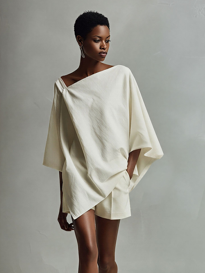 Women's Ivory Linen-Blend Two-Piece Set With Draped Tunic Top & Tailored Shorts, Modern Effortless-Elegant Outfit MDZ2236D5LYL