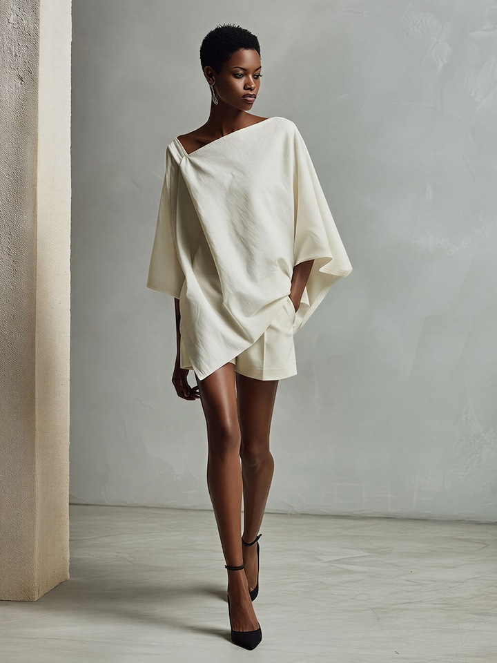 Women's Ivory Linen-Blend Two-Piece Set With Draped Tunic Top & Tailored Shorts, Modern Effortless-Elegant Outfit MDZ2236D5LYL