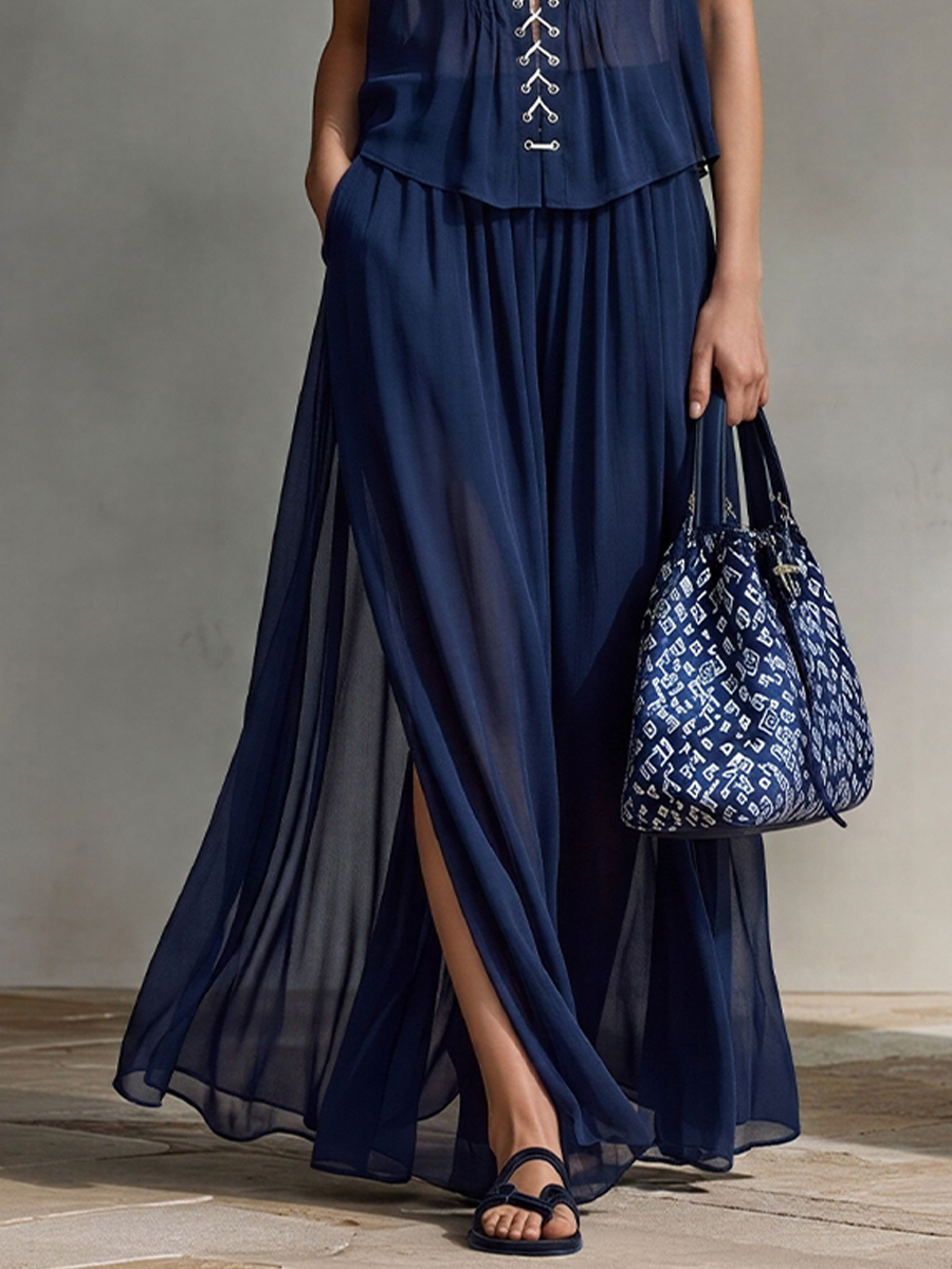 Women's Navy Chiffon Two-Piece Set With Lace-Up Halter Top & Flowy Maxi Skirt, Timeless Boho-Resort Outfit MDZ2288D0LYL