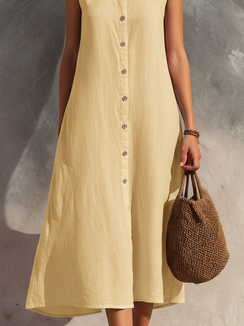Women's Casual Light Yellow Cotton-Linen Sleeveless Midi Dress MDZ2258D4LXY