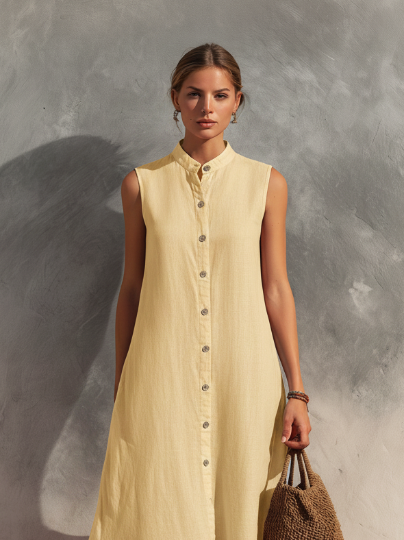 Women's Casual Light Yellow Cotton-Linen Sleeveless Midi Dress MDZ2258D4LXY