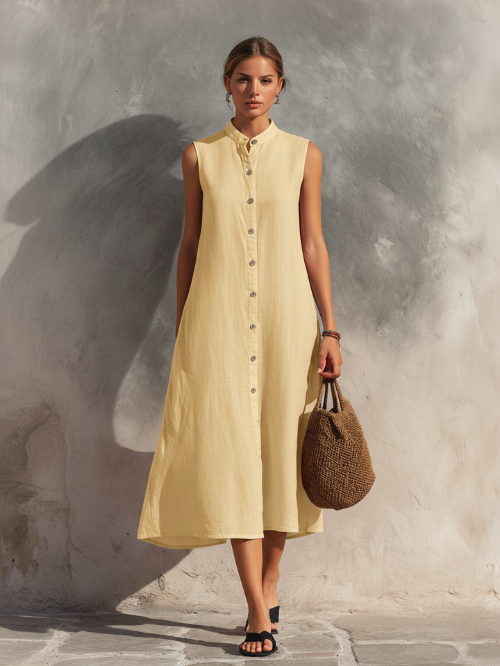 Women's Casual Light Yellow Cotton-Linen Sleeveless Midi Dress MDZ2258D4LXY