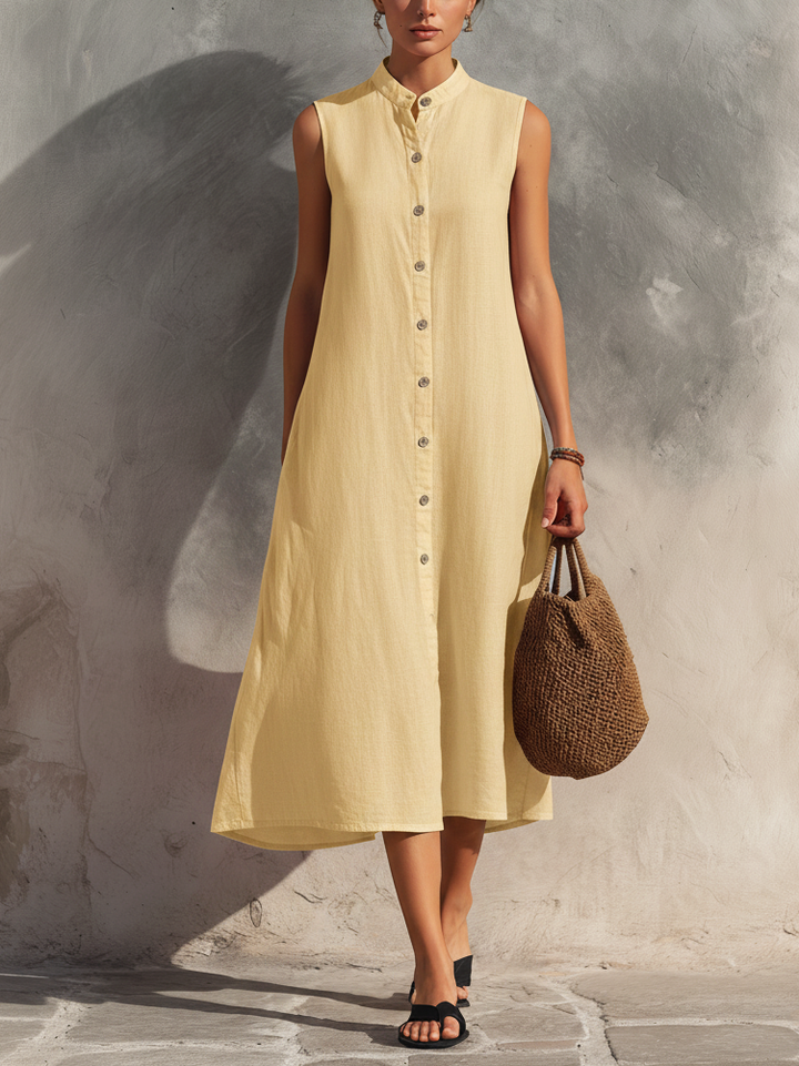 Women's Casual Light Yellow Cotton-Linen Sleeveless Midi Dress MDZ2258D4LXY
