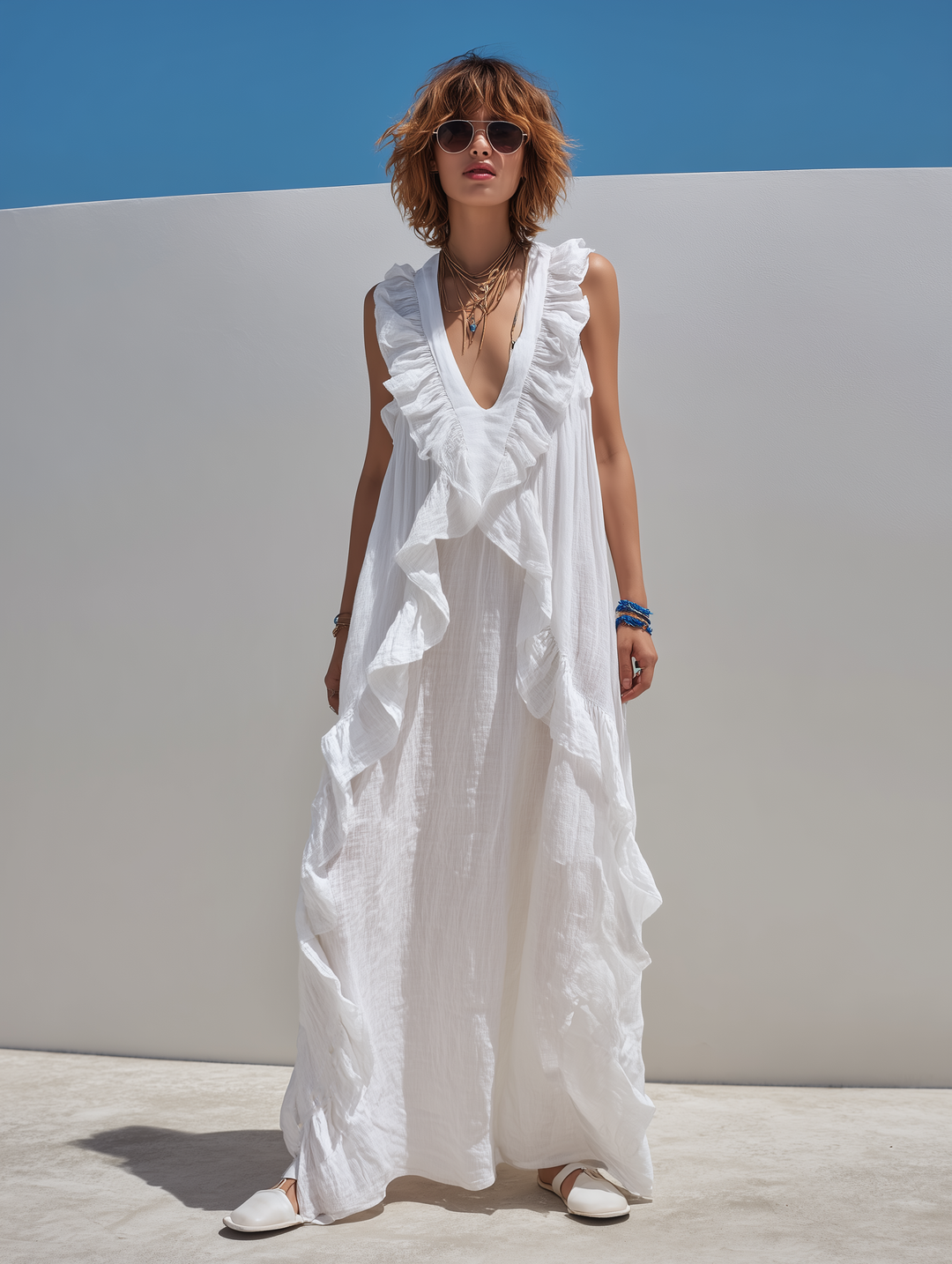 Women's Casual White Cotton-Linen V-Neck Sleeveless Ruffled Maxi Dress MDZ2207D6LXY
