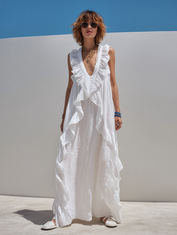Women's Casual White Cotton-Linen V-Neck Sleeveless Ruffled Maxi Dress MDZ2207D6LXY
