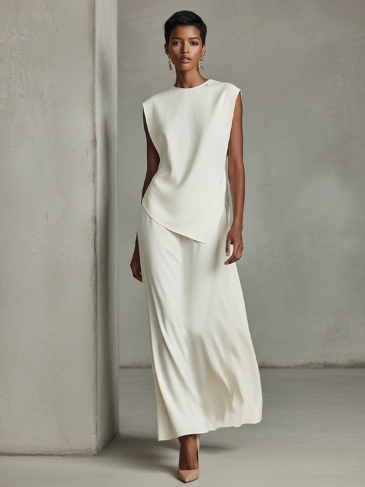 Women's Ivory Crepe Two-Piece Set With Asymmetric Tunic Top & Maxi Skirt, Timeless Minimalist-Chic Outfit MDZ2295D9LYL