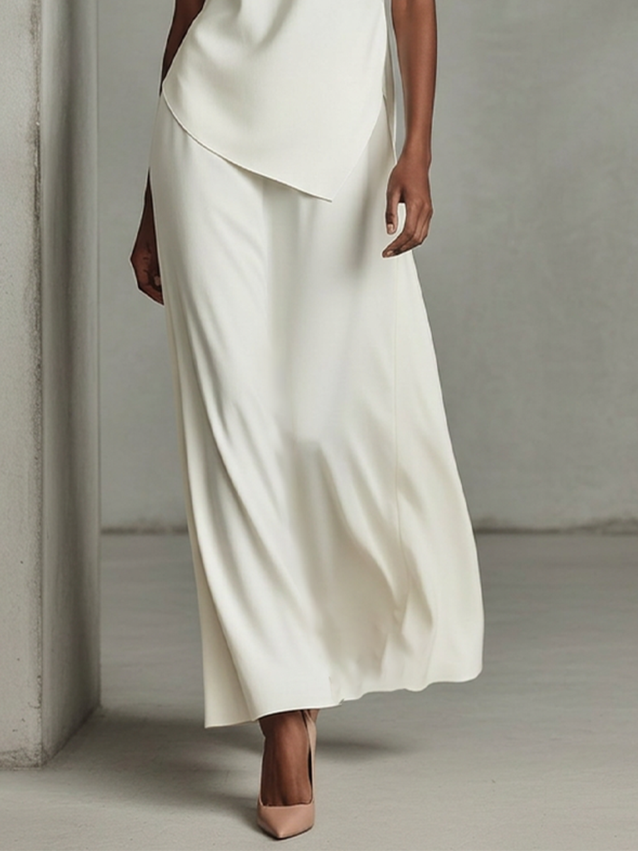 Women's Ivory Crepe Two-Piece Set With Asymmetric Tunic Top & Maxi Skirt, Timeless Minimalist-Chic Outfit MDZ2295D9LYL