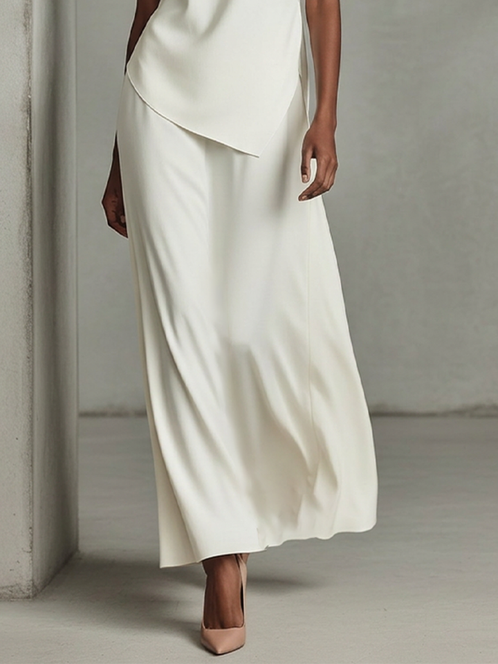 Women's Ivory Crepe Two-Piece Set With Asymmetric Tunic Top & Maxi Skirt, Timeless Minimalist-Chic Outfit MDZ2295D9LYL