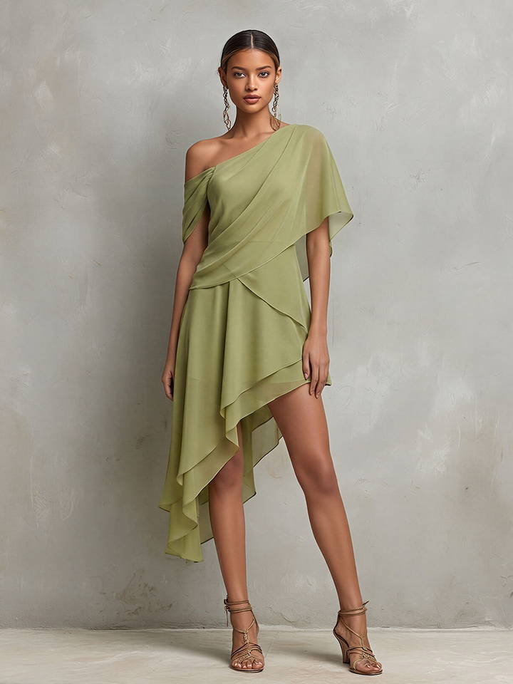 Women's Sage Green Sheer Chiffon Dress With Asymmetrical Neckline & High-Low Hem, Modern Effortless-Elegant Cocktail Dress MDZ2241D8LYL