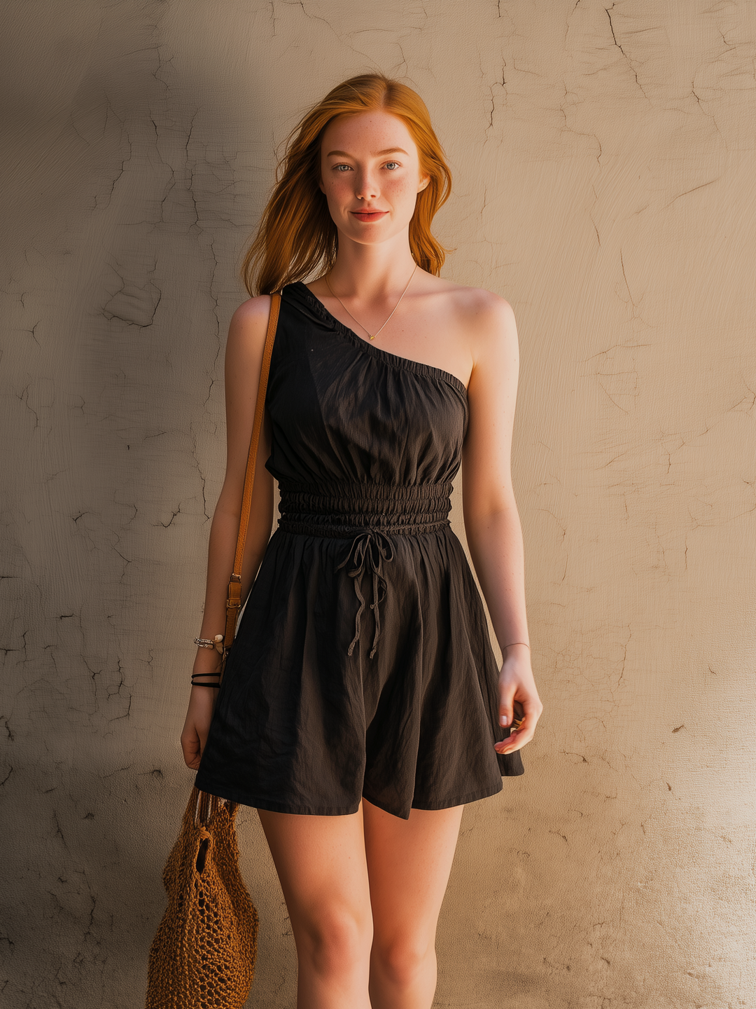 Women's Casual Black Cotton-Linen One-Shoulder Sleeveless Romper MDZ2288D3LXY