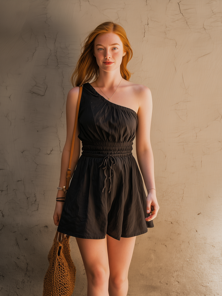 Women's Casual Black Cotton-Linen One-Shoulder Sleeveless Romper MDZ2288D3LXY