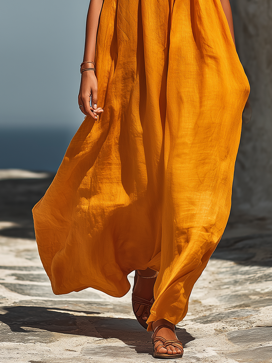 Women’s Tangerine Linen-Blend Spaghetti Strap Smocked Neck Flowy Maxi Sundress MDZ2214D9T