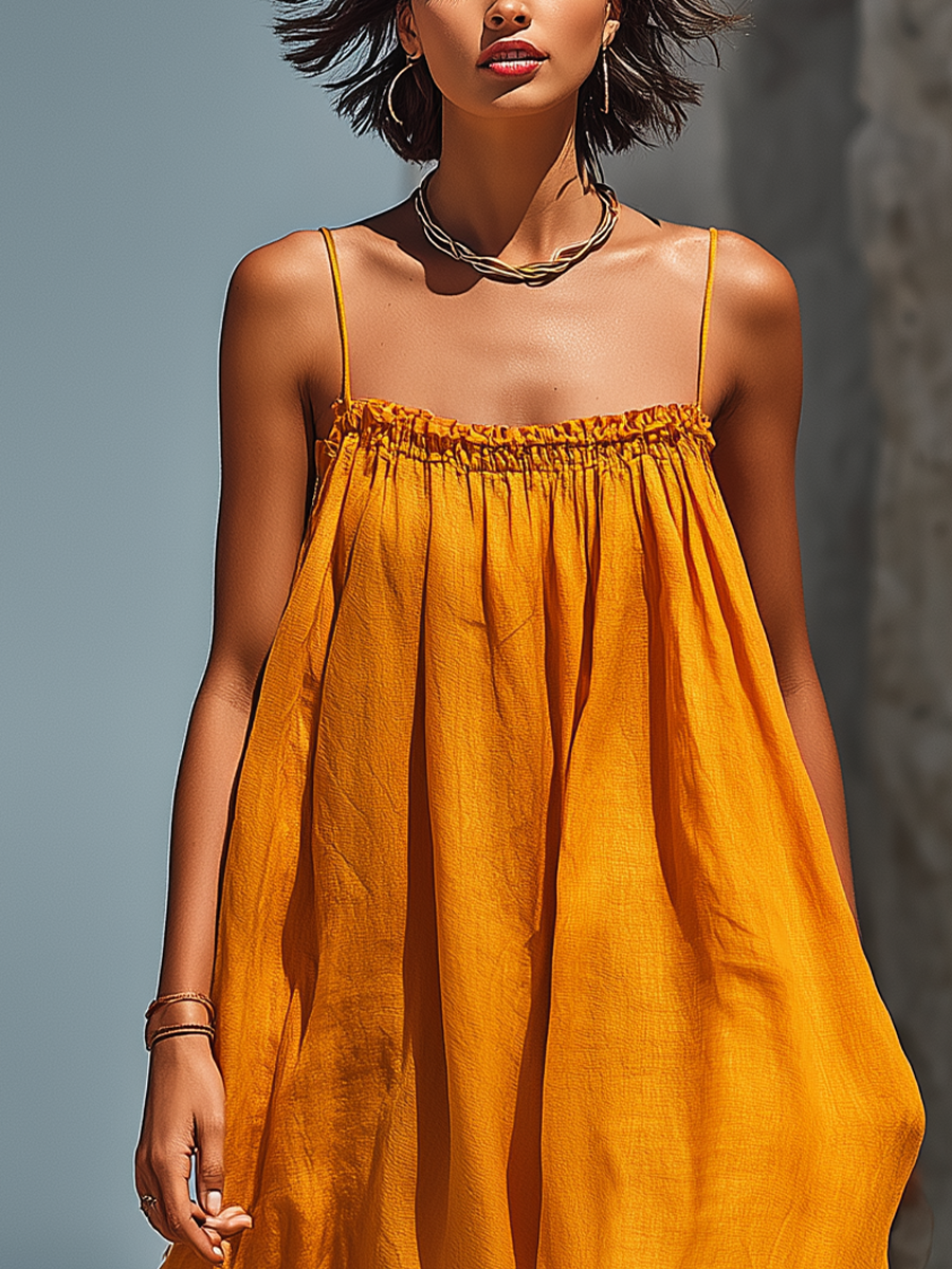 Women’s Tangerine Linen-Blend Spaghetti Strap Smocked Neck Flowy Maxi Sundress MDZ2214D9T