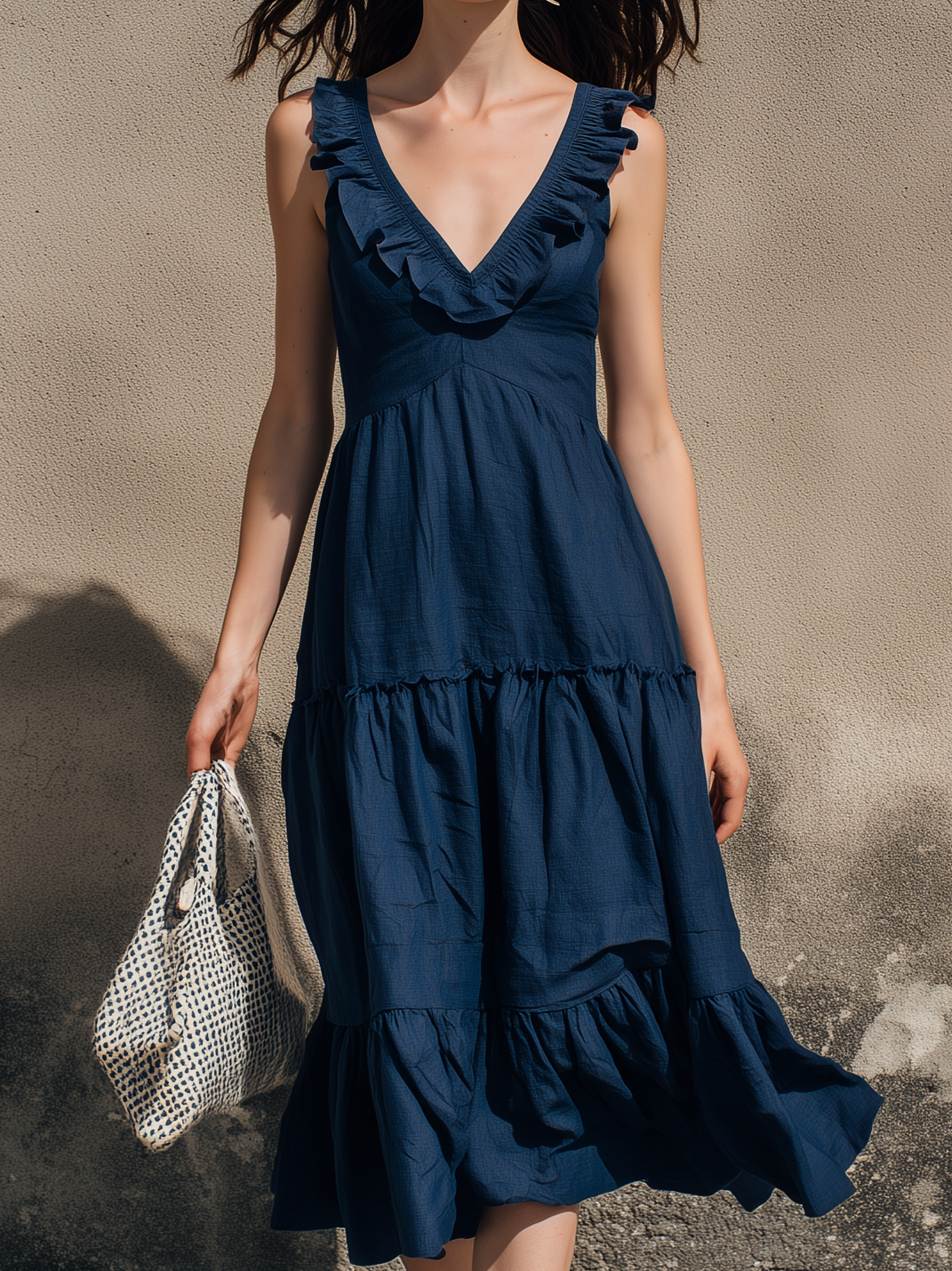 Women's Casual Dark Blue Cotton-Linen V-Neck Ruffled Sleeveless Midi Dress MDZ2220D9LXY