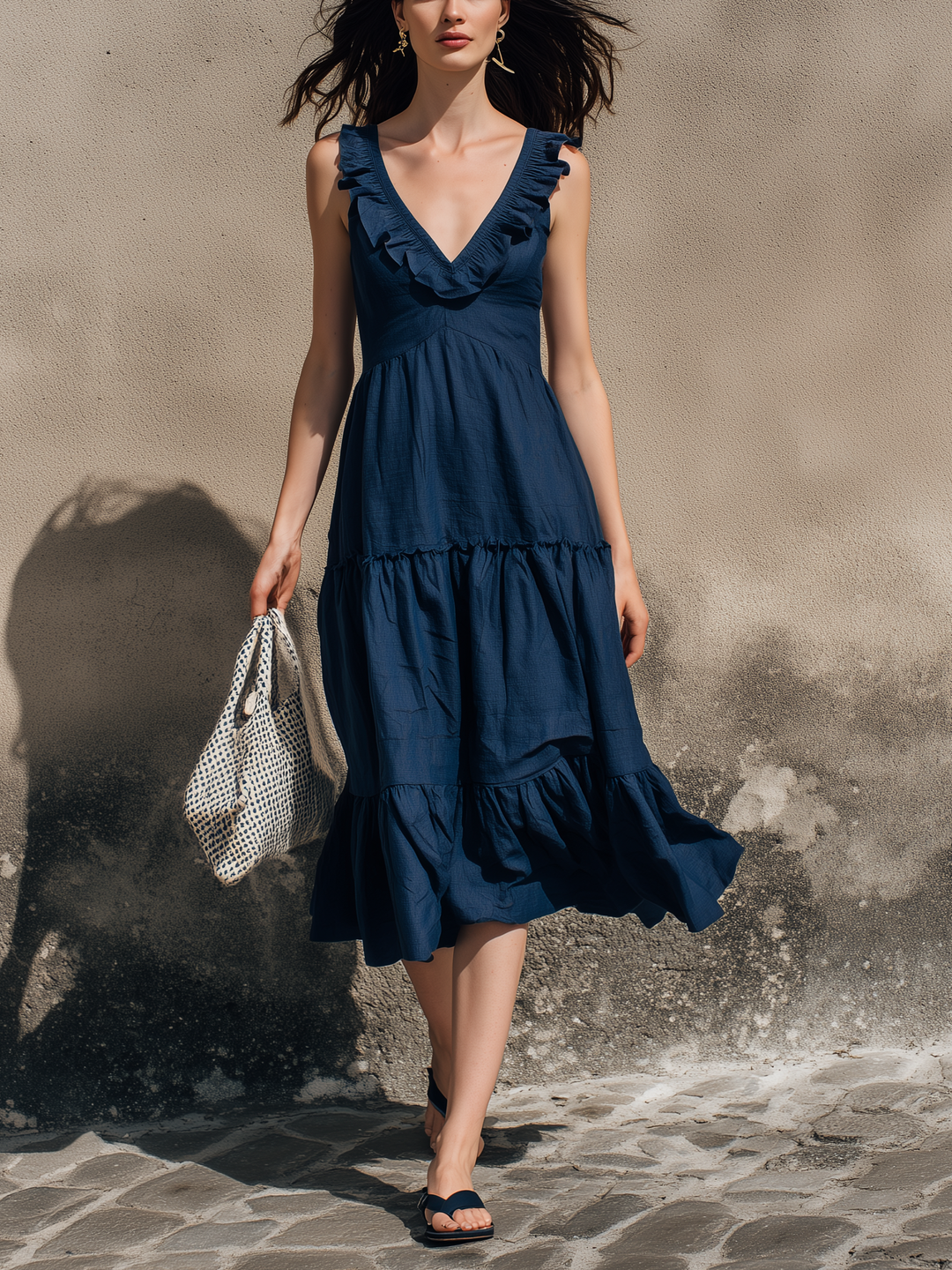 Women's Casual Dark Blue Cotton-Linen V-Neck Ruffled Sleeveless Midi Dress MDZ2220D9LXY