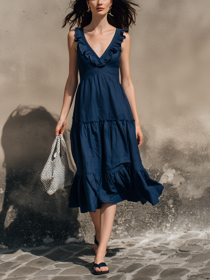 Women's Casual Dark Blue Cotton-Linen V-Neck Ruffled Sleeveless Midi Dress MDZ2220D9LXY