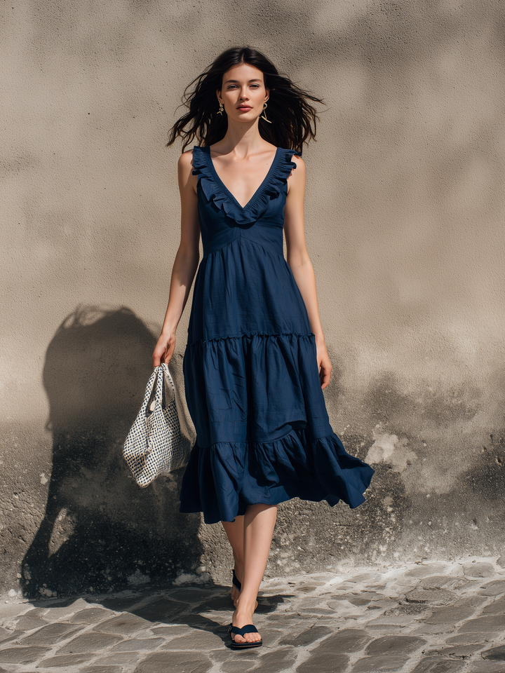 Women's Casual Dark Blue Cotton-Linen V-Neck Ruffled Sleeveless Midi Dress MDZ2220D9LXY