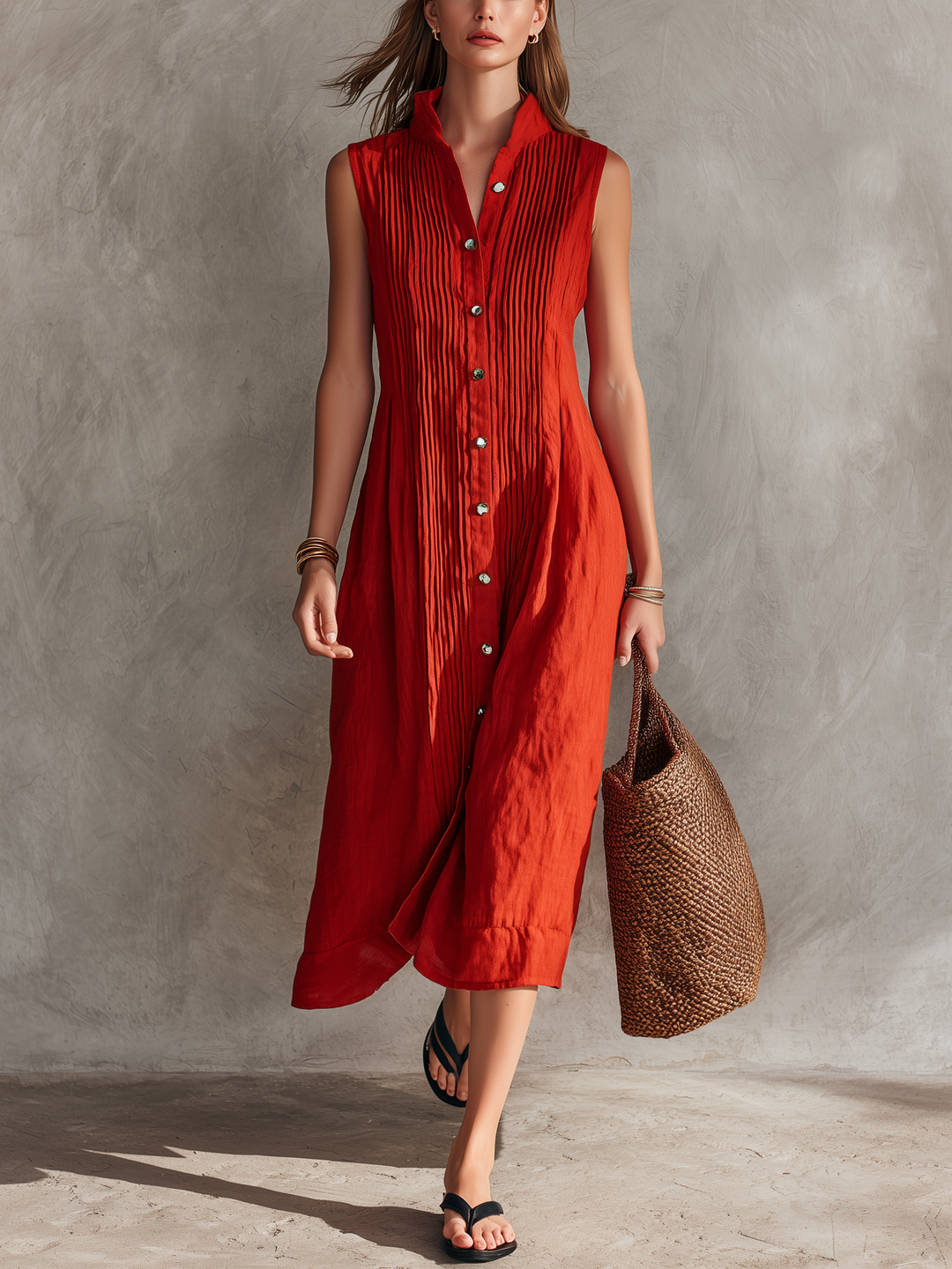 Women's Casual Red Cotton-Linen Sleeveless Loose-Fit Midi Dress With Round Neck MDZ2299D8LXY
