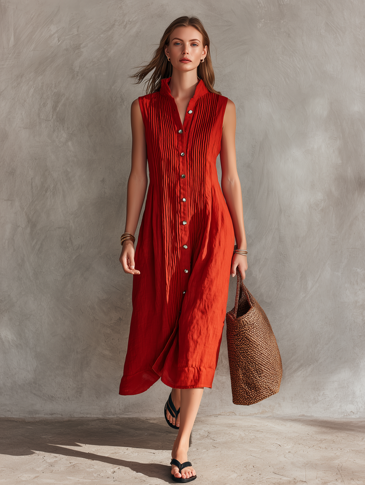 Women's Casual Red Cotton-Linen Sleeveless Loose-Fit Midi Dress With Round Neck MDZ2299D8LXY