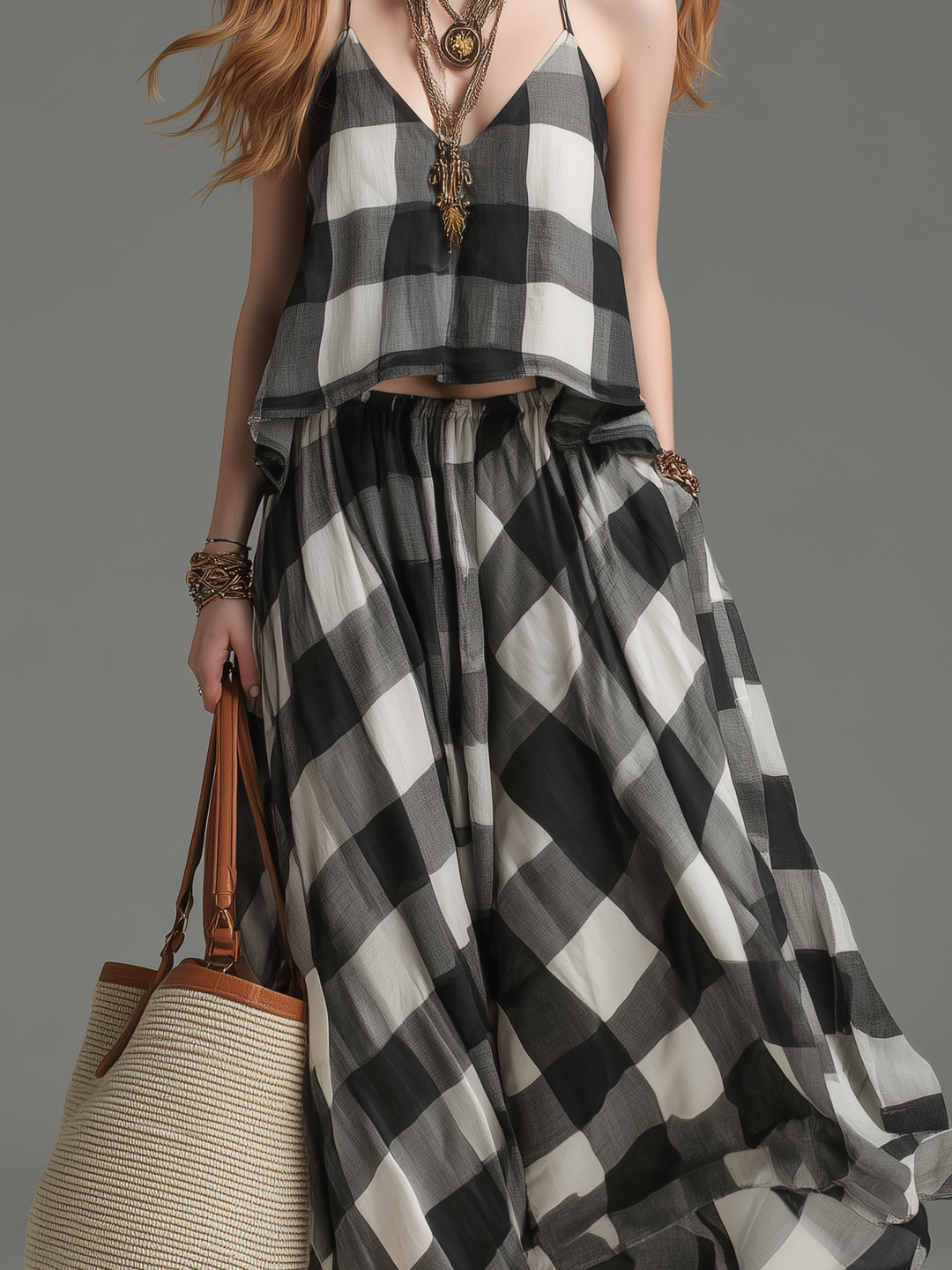 Women's Casual Black & White Plaid Woven Sleeveless Spaghetti-Strap Top Paired With A Long Skirt MDZ2273D1LXY