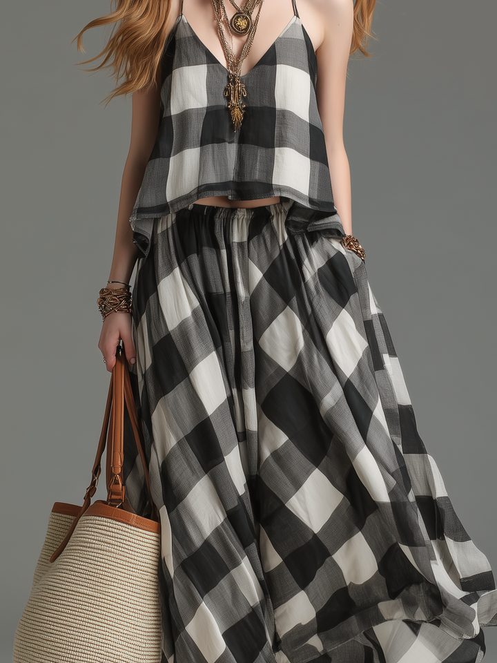 Women's Casual Black & White Plaid Woven Sleeveless Spaghetti-Strap Top Paired With A Long Skirt MDZ2273D1LXY