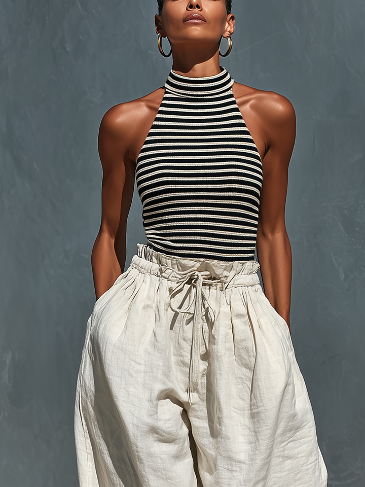 Women’s Black & White Striped Ribbed Knit Halter Top & Beige Linen Drawstring Wide-Leg Pants Two-Piece Set With Pockets MDZ2206D5T