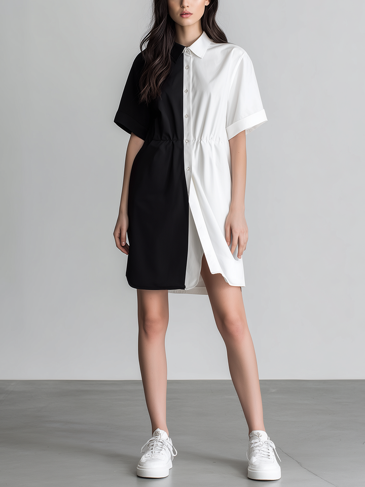 Women's Minimalist Black & White Color-Block Shirt Dress With Subtle Waist-Cinching MDZ2272D3ZJW