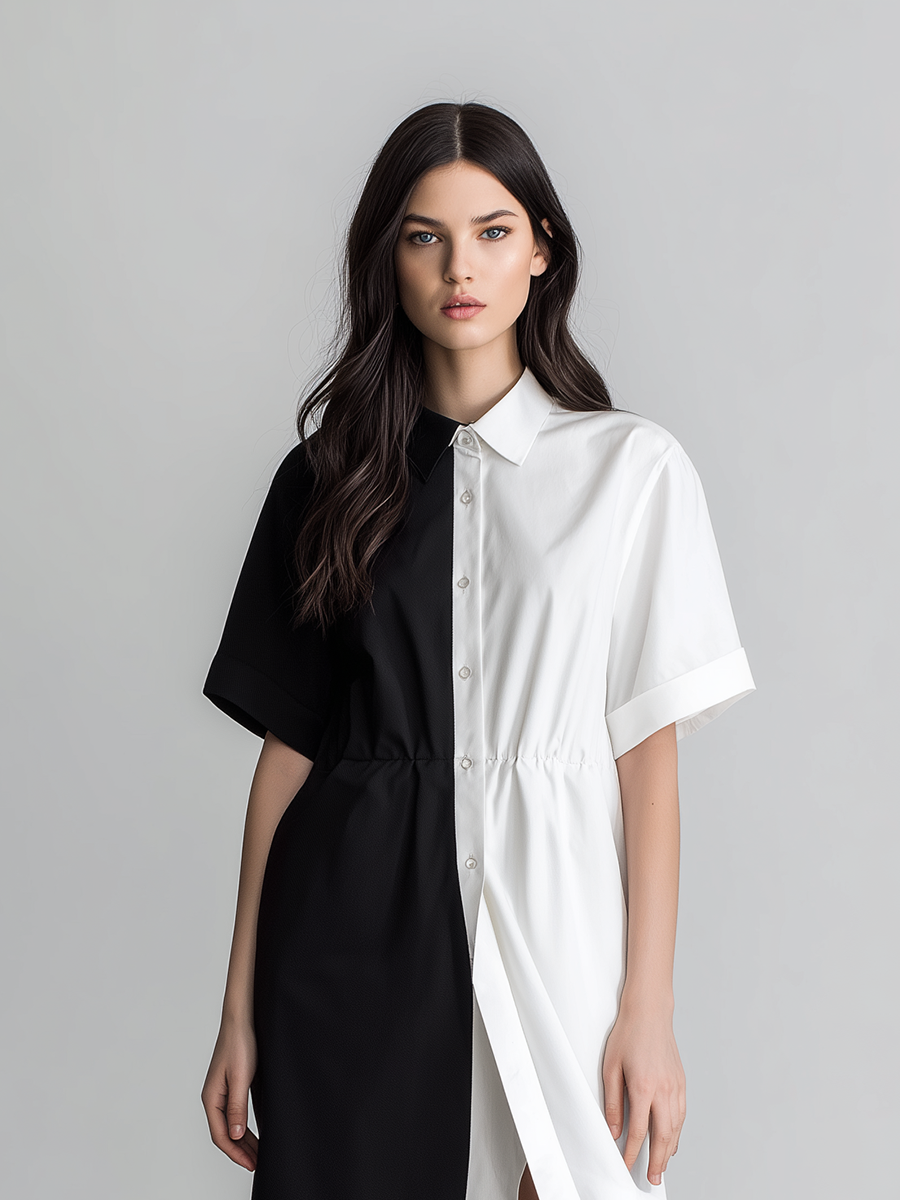 Women's Minimalist Black & White Color-Block Shirt Dress With Subtle Waist-Cinching MDZ2272D3ZJW