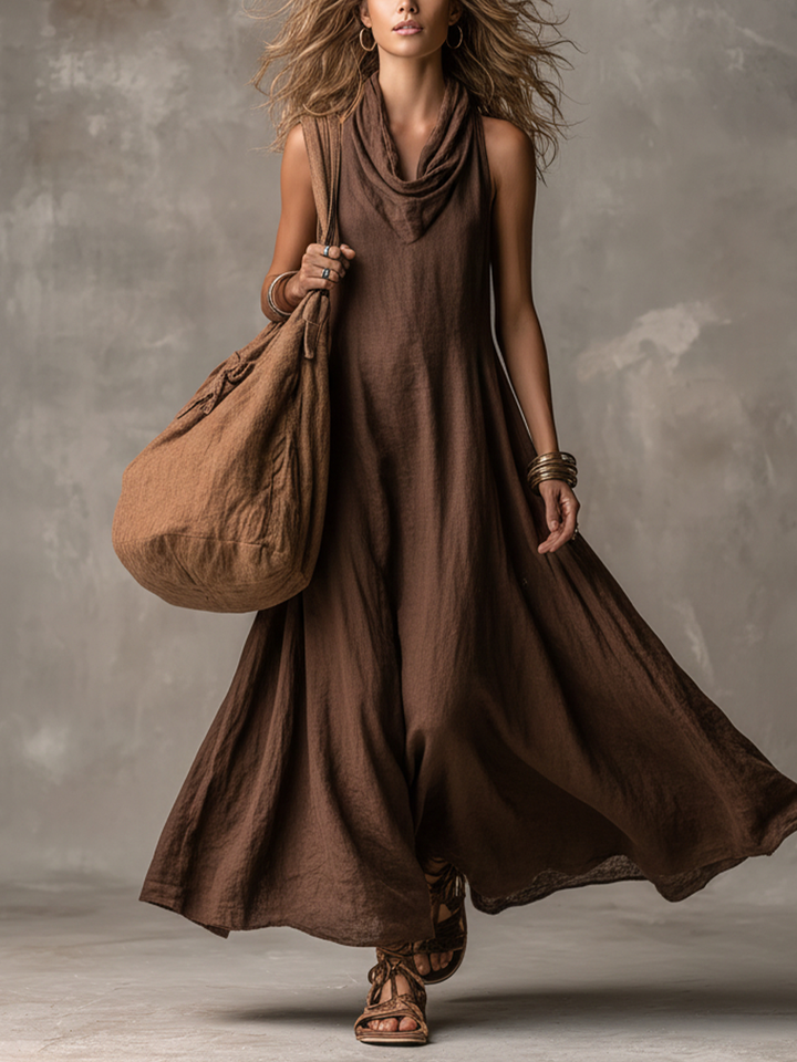 Women's Bohemian Dark Brown Linen-Cotton Cowl Neck Sleeveless Flowy Maxi Dress MDZ2220D4GMJ