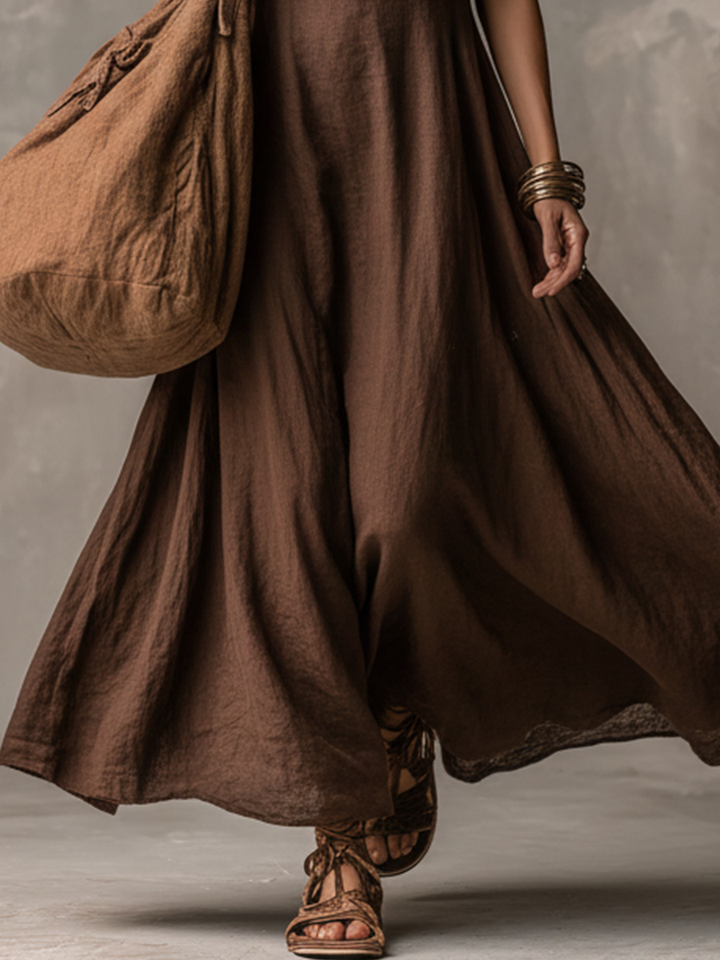 Women's Bohemian Dark Brown Linen-Cotton Cowl Neck Sleeveless Flowy Maxi Dress MDZ2220D4GMJ