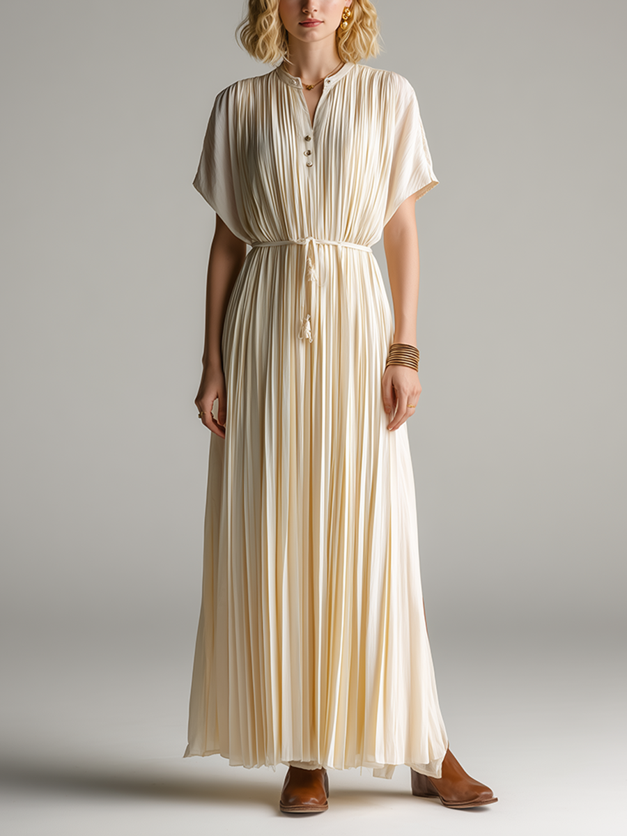 Women's Minimalist & Elegant Pleated Maxi Dress — Off-White, Short Sleeve MDZ2202D7ZJW