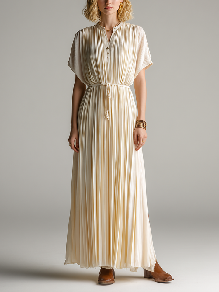Women's Minimalist & Elegant Pleated Maxi Dress — Off-White, Short Sleeve MDZ2202D7ZJW