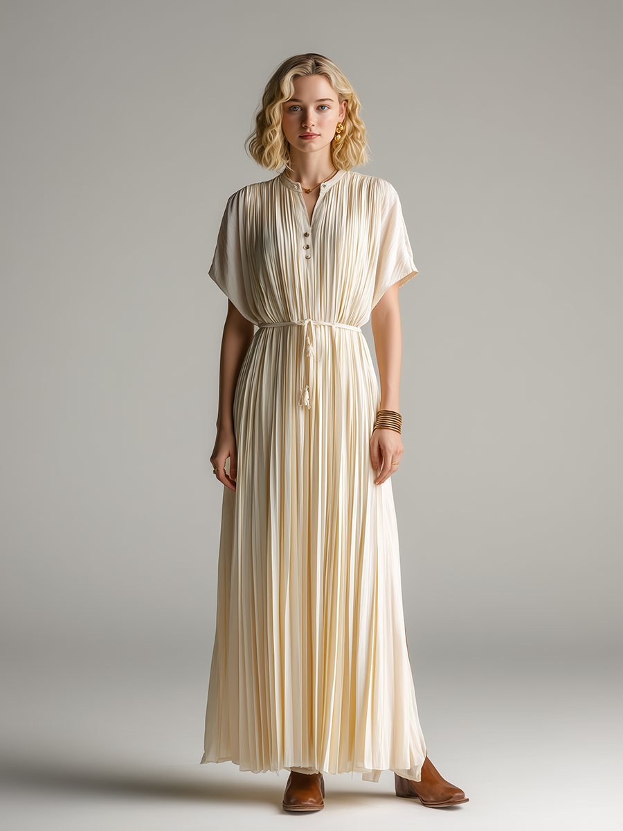 Women's Minimalist & Elegant Pleated Maxi Dress — Off-White, Short Sleeve MDZ2202D7ZJW