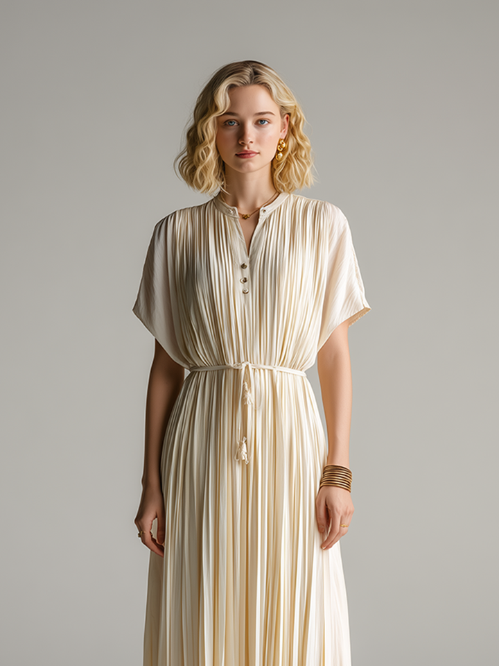 Women's Minimalist & Elegant Pleated Maxi Dress — Off-White, Short Sleeve MDZ2202D7ZJW