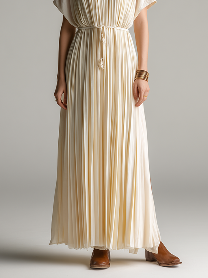 Women's Minimalist & Elegant Pleated Maxi Dress — Off-White, Short Sleeve MDZ2202D7ZJW