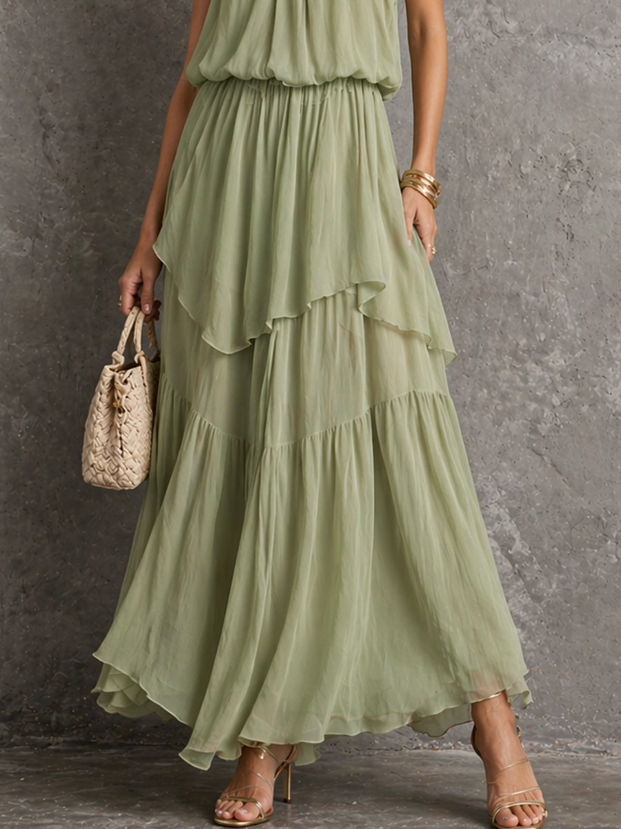 Women's Romantic Sage Green Chiffon Halter Waisted Tiered Maxi Dress MDZ2296D0GMJ