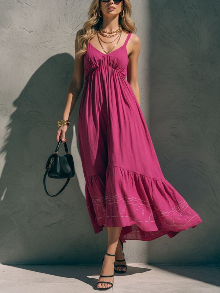 Women's Fashionable Rose Red Cotton Linen Camisole Embroidered V-Neck Midi Dress MDZ2227D5GMJ